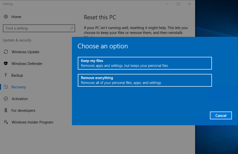 Type reset and select Reset this PC from the list of results.