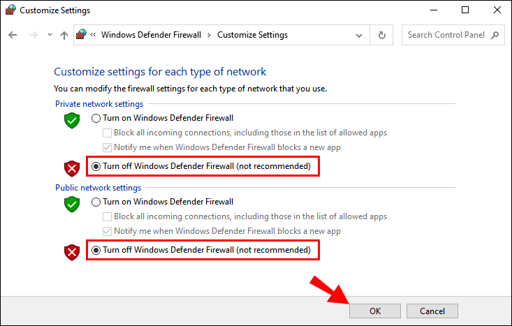 Uncheck the box next to Turn off Windows Firewall (not recommended).