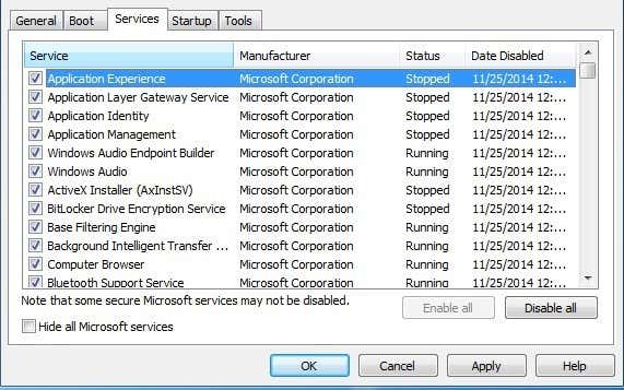Uncheck the Hide all Microsoft services except those I select option.