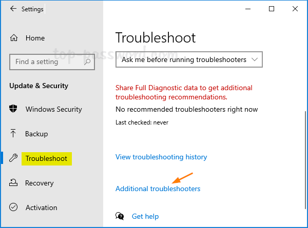 Under the Troubleshoot tab, click on Additional troubleshooters.