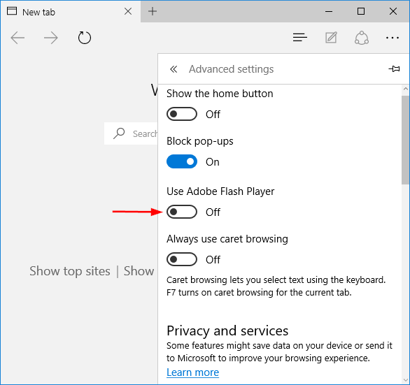Under the Use Adobe Flash Player option, toggle the switch to turn it on.
Restart Microsoft Edge to apply the changes.
