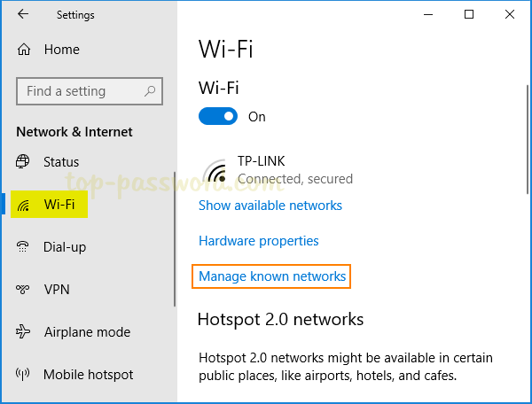 Under the Wireless Network, click Manage known networks