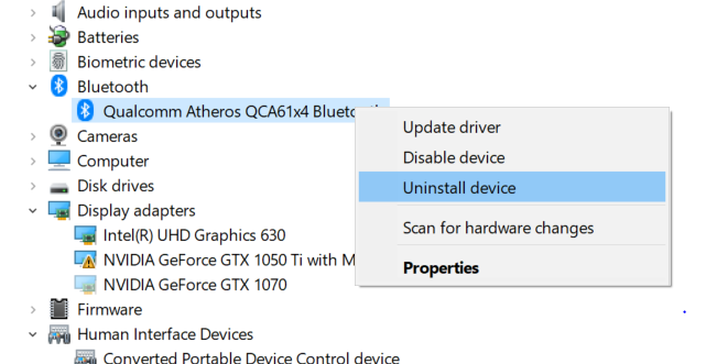 Uninstall the Bluetooth drivers