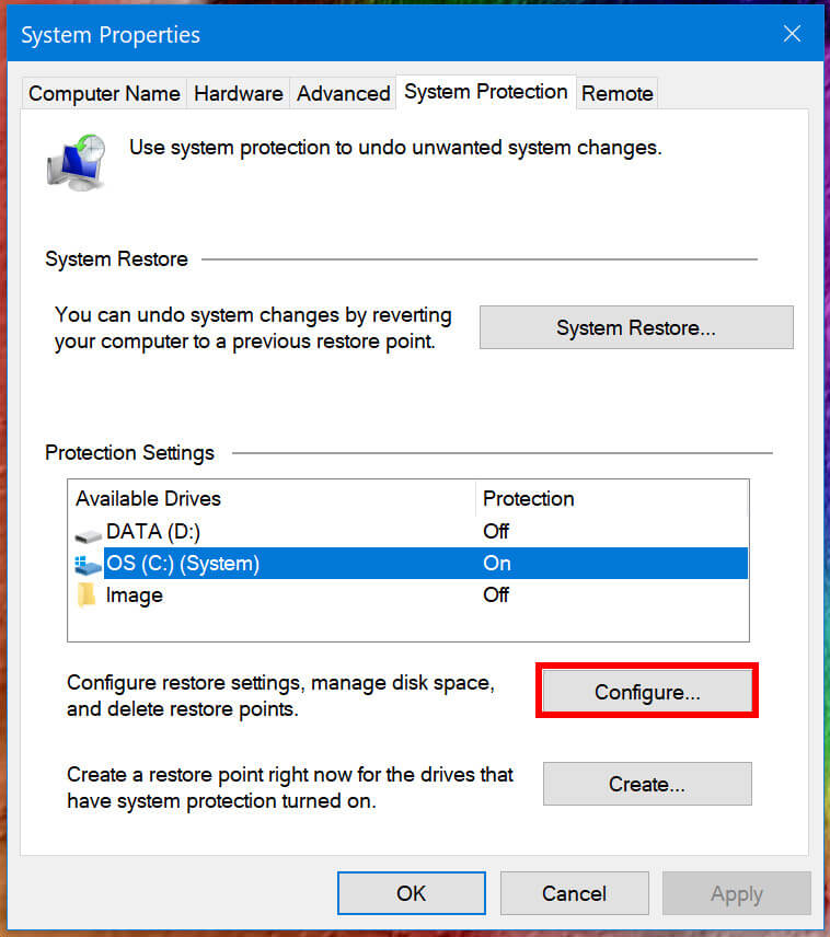 When System Properties window appears, click the System Restore button.
