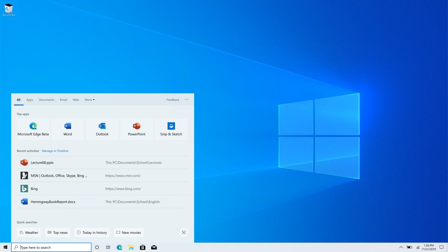 Windows 10 desktop without a search bar