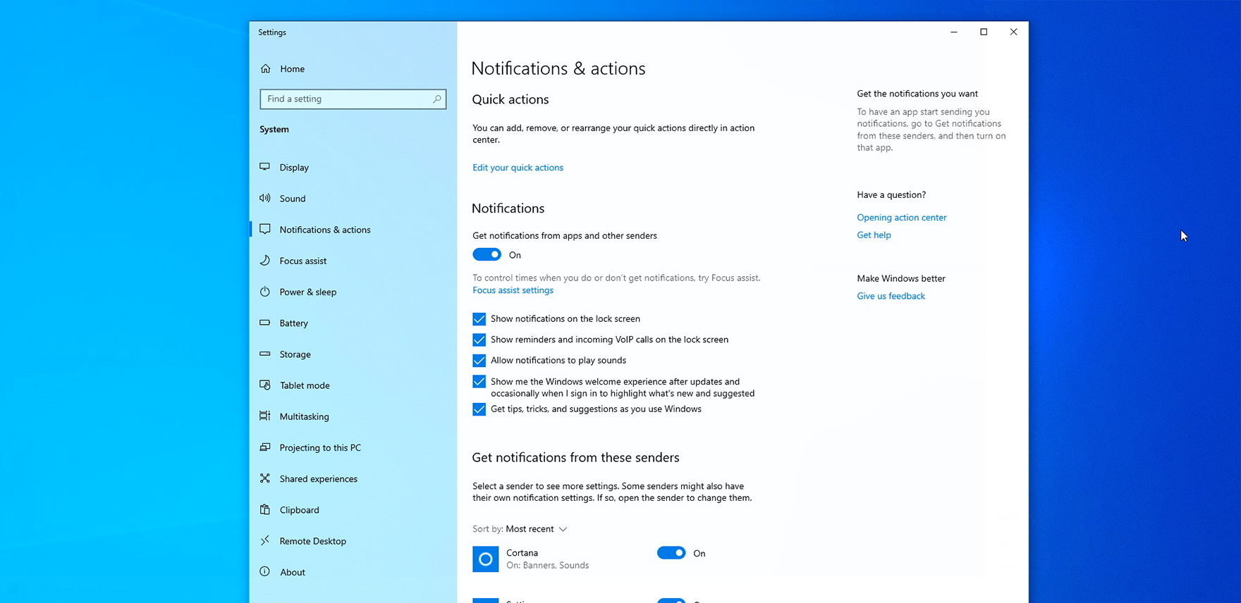 Windows 10 notification settings page