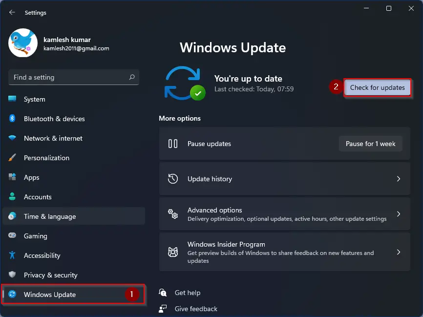 Windows Update settings page